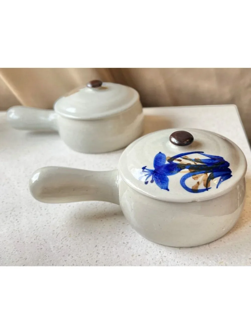 Ceramic Soup Bowls Lids & Handles Speckled Gray Blue Floral Ovenproof Set Of 2